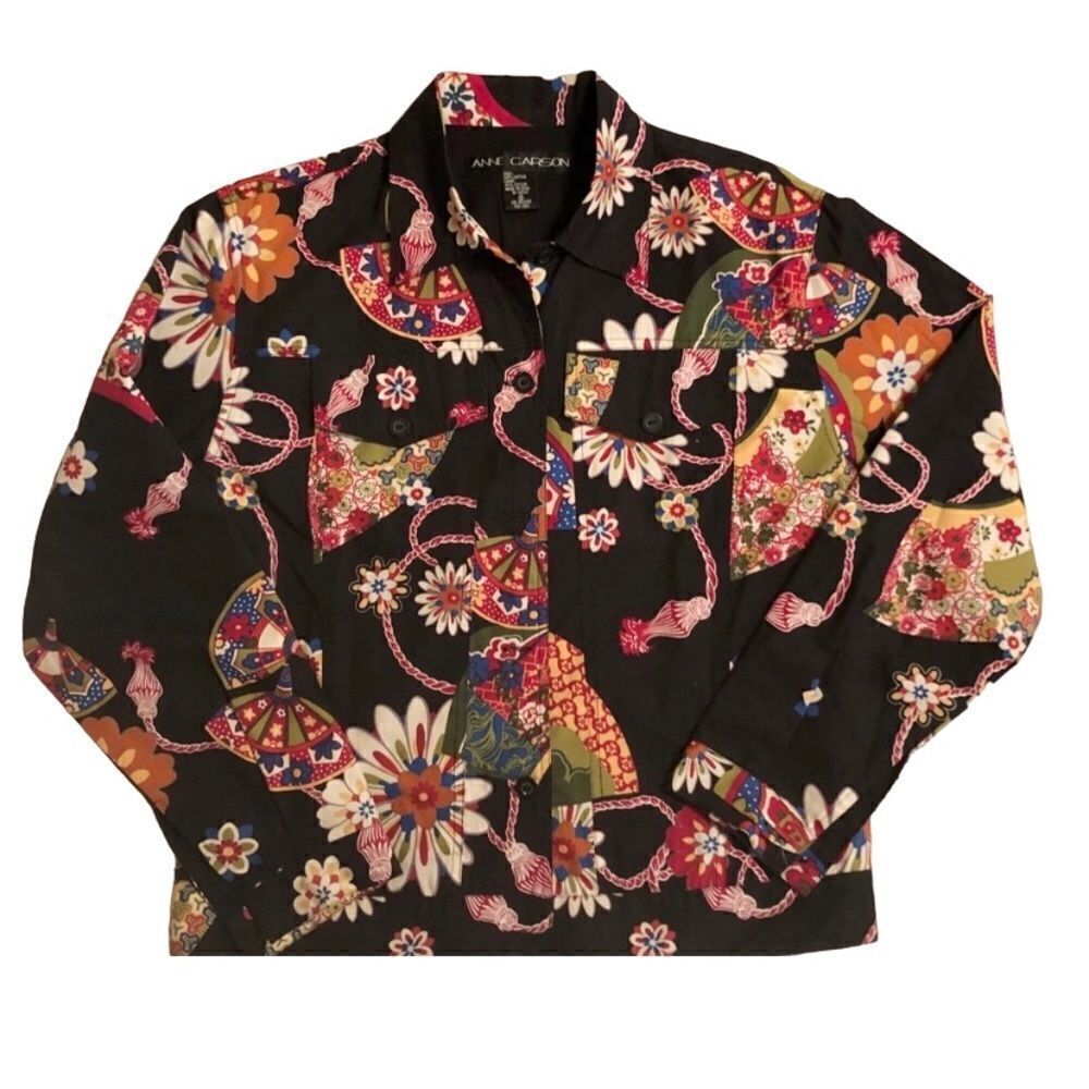 Ann Carson Women’s Black Abstract Floral Long Sleeve Button Down Shirt